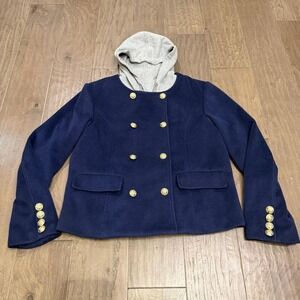 Maeve by Anthropologie Navy Double Breasted Fleece Jacket with Grey Hood Large